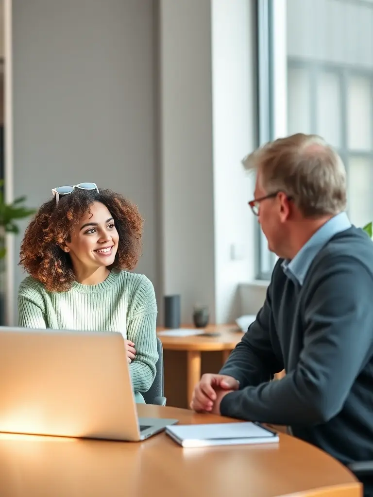 A one-on-one coaching session with a client and the coach, discussing goals and strategies in a bright, modern office.