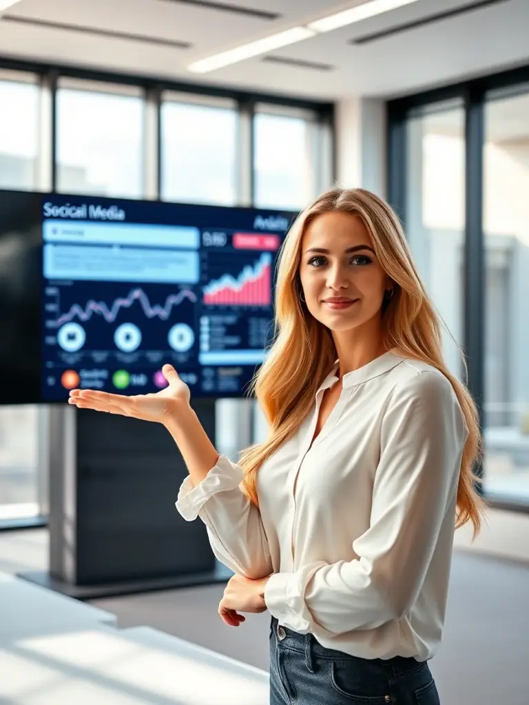 A person confidently presenting during a brand building workshop, showcasing social media strategies on a screen.