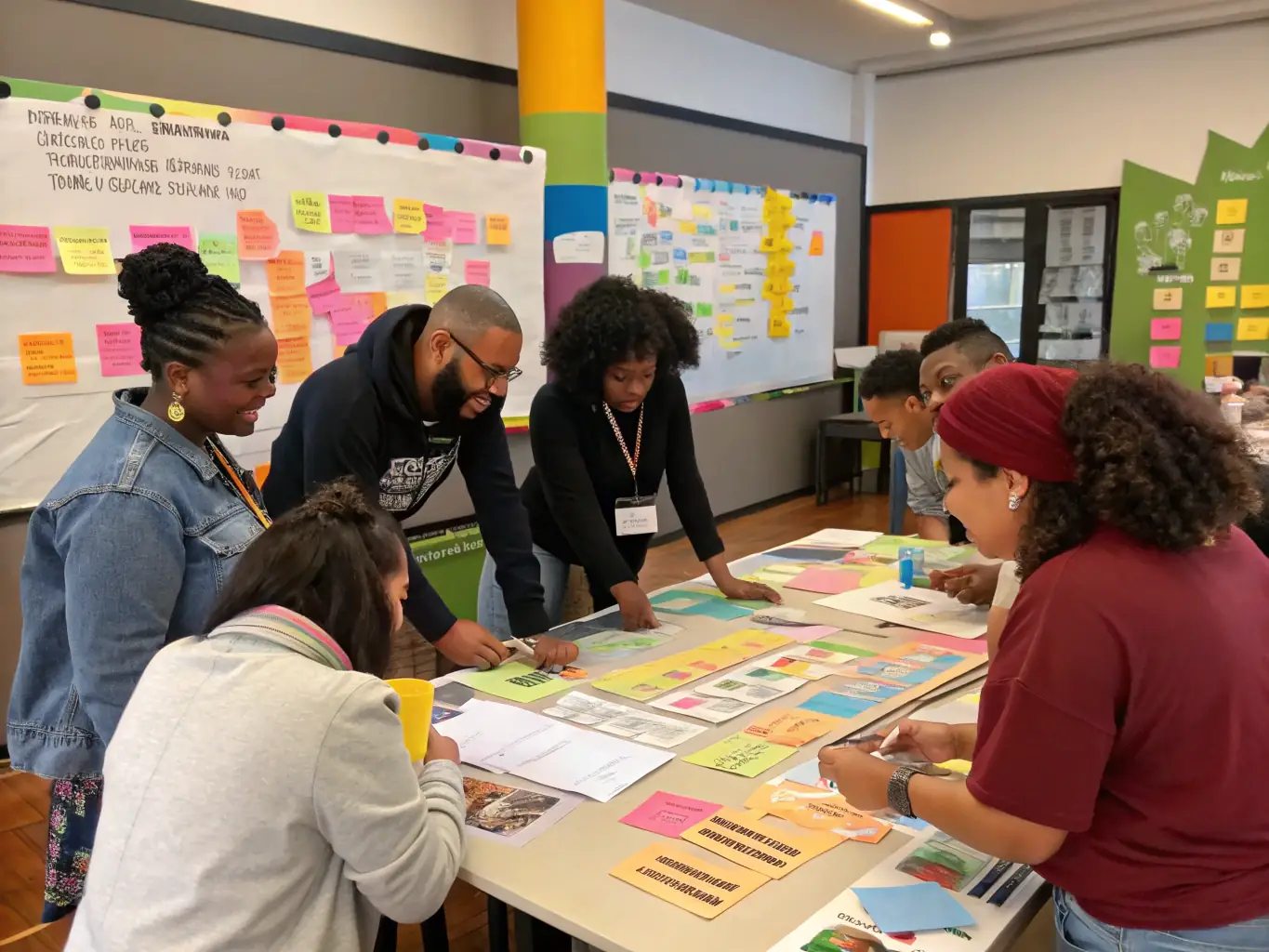 A group workshop with participants engaging in branding activities, with visual aids and social media content examples, showcasing collaborative learning and skill-building.