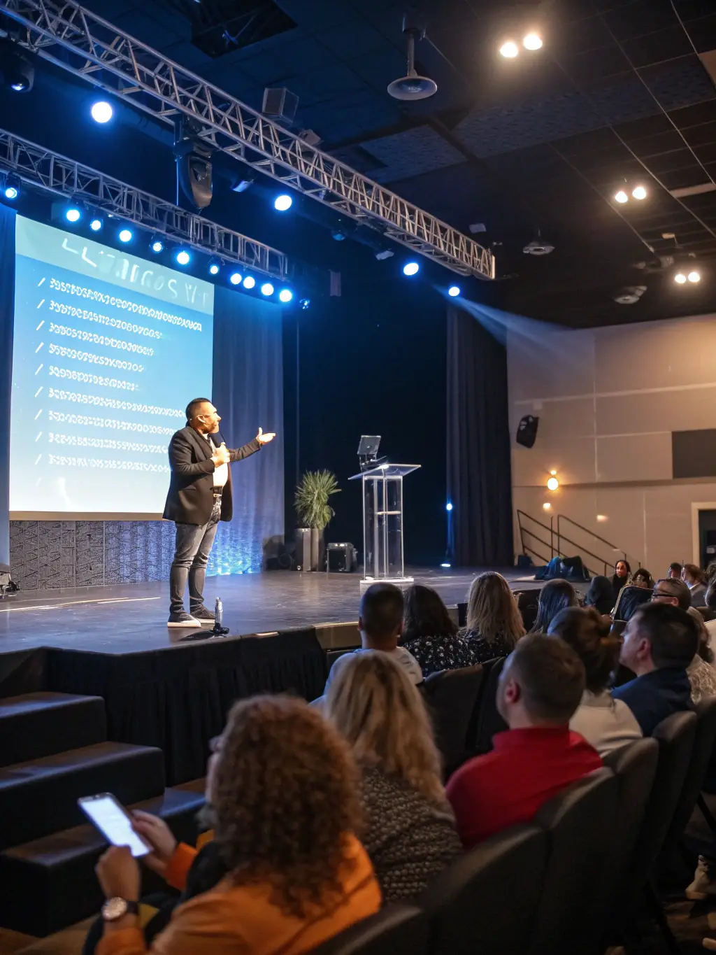 A person confidently speaking on a stage, delivering a motivational speech about personal growth and overcoming challenges.