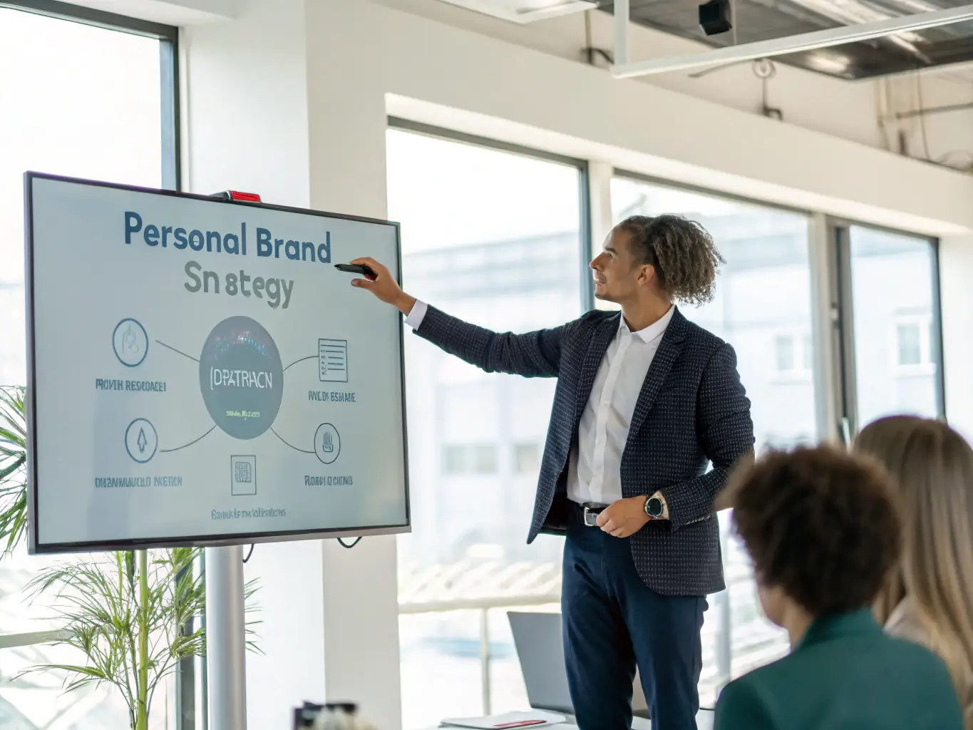 A person confidently presenting their personal brand strategy on a whiteboard, surrounded by supportive team members in a modern office setting.