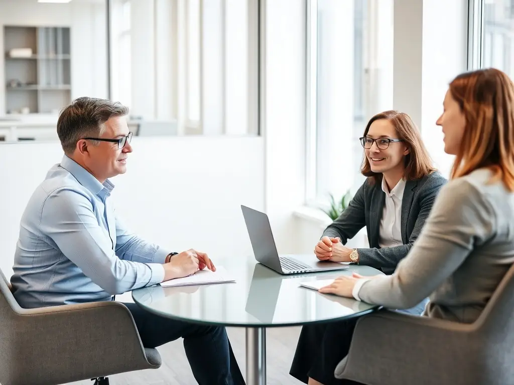 An image of a coach and client engaged in a coaching session, with notes and a laptop on the table, symbolizing personalized guidance and support.